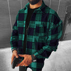 Flannel Overshirt Green Navy Checked Men's Long Sleeve Shacket – Casual, Office, Holiday, Gift