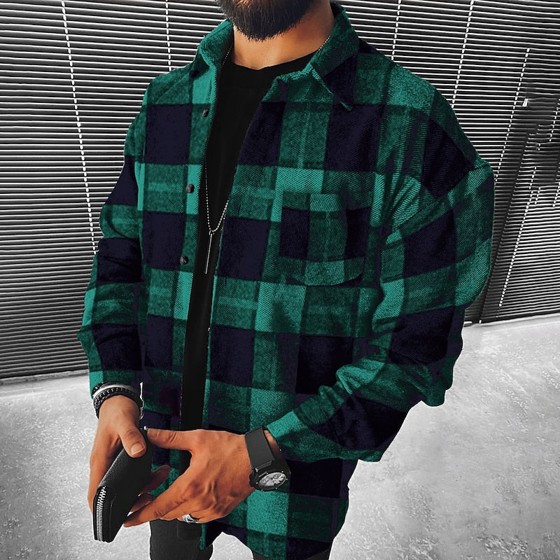 Flannel Overshirt Green Navy Checked Men's Long Sleeve Shacket – Casual, Office, Holiday, Gift