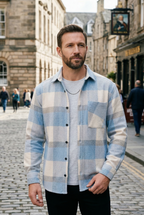 Flannel Shirt Blue Cream Check Men's Cotton Chest Pocket – Casual, Office, Holiday, Gift