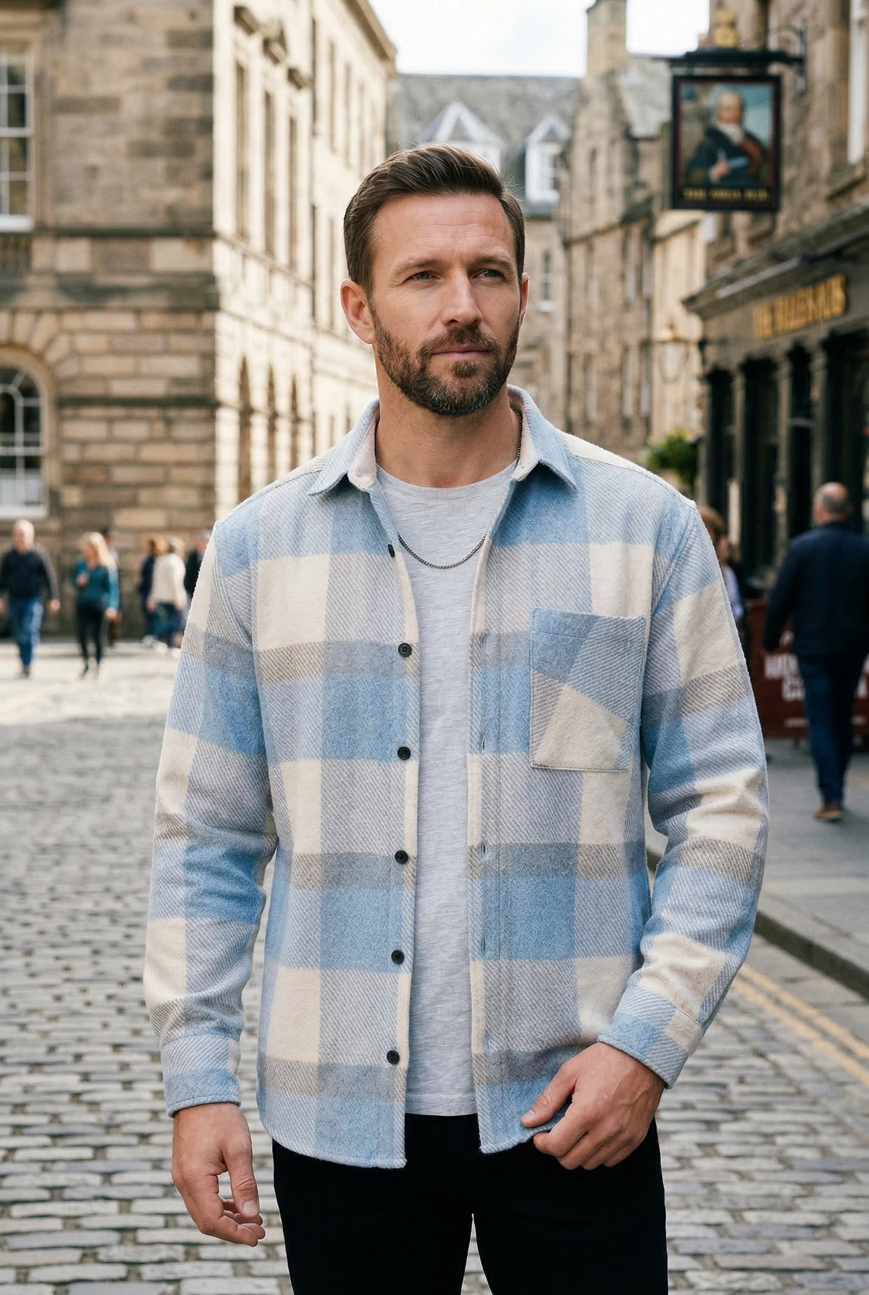 Flannel Shirt Blue Cream Check Men's Cotton Chest Pocket – Casual, Office, Holiday, Gift