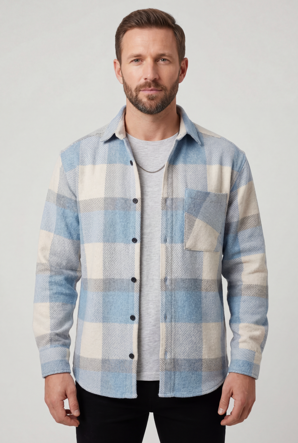 Flannel Shirt Blue Cream Check Men's Cotton Chest Pocket – Casual, Office, Holiday, Gift