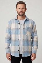 Flannel Shirt Blue Cream Check Men's Cotton Chest Pocket – Casual, Office, Holiday, Gift