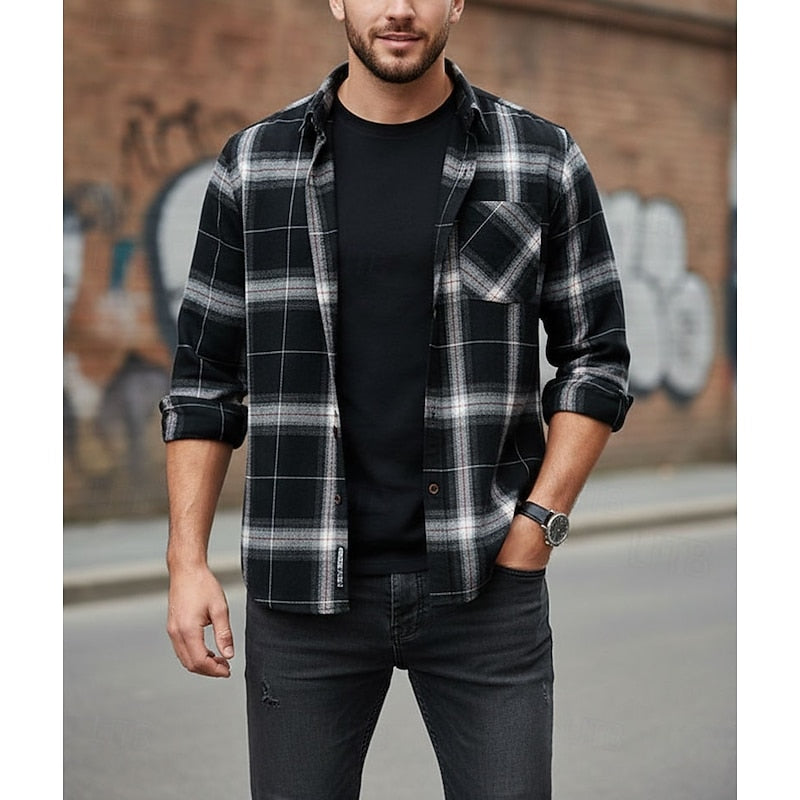 Flannel Shirt Cotton Men's Black Plaid Check Long Sleeve – Casual, Office, Autumn, Gift