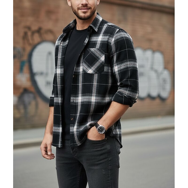 Flannel Shirt Cotton Men's Black Plaid Check Long Sleeve – Casual, Office, Autumn, Gift