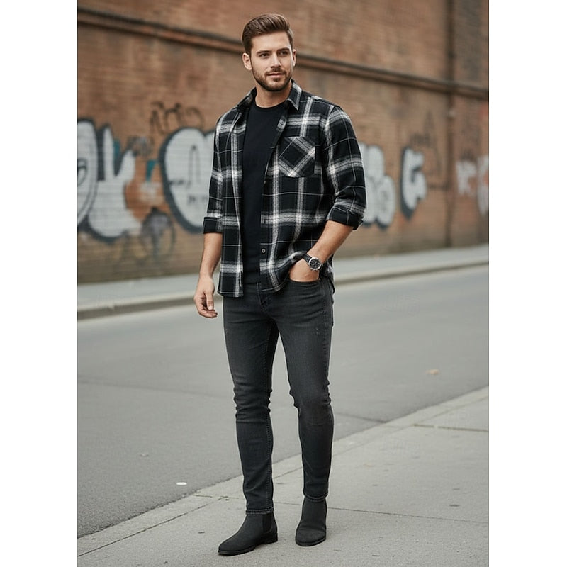 Flannel Shirt Cotton Men's Black Plaid Check Long Sleeve – Casual, Office, Autumn, Gift