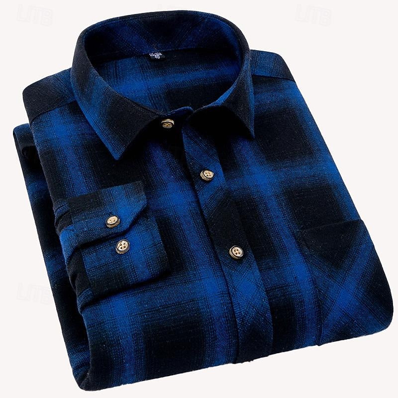 Flannel Shirt Cotton Men's Black Plaid Check Long Sleeve – Casual, Office, Autumn, Gift