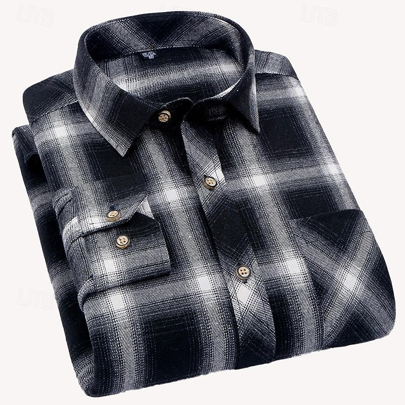 Flannel Shirt Cotton Men's Black Plaid Check Long Sleeve – Casual, Office, Autumn, Gift