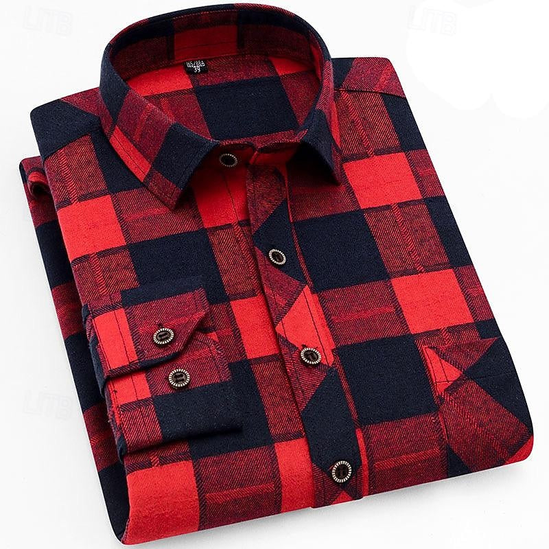 Flannel Shirt Cotton Men's Black Plaid Check Long Sleeve – Casual, Office, Autumn, Gift