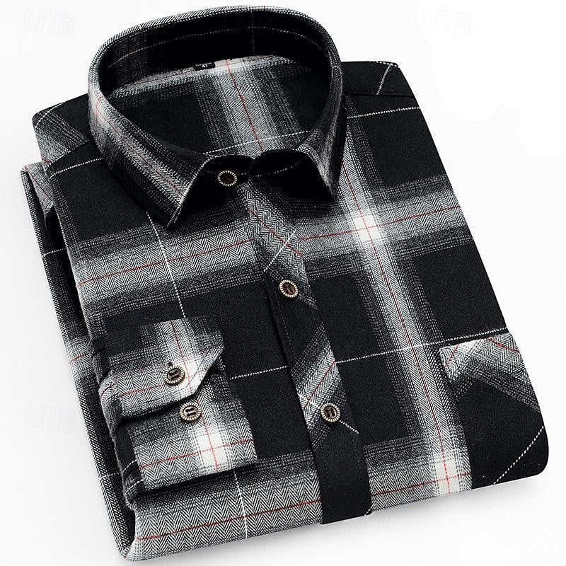 Flannel Shirt Cotton Men's Black Plaid Check Long Sleeve – Casual, Office, Autumn, Gift