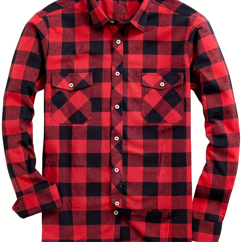 Flannel Shirt Red Black Buffalo Check Men's Long Sleeve Button-Up – Casual, Office, Holiday, Gift