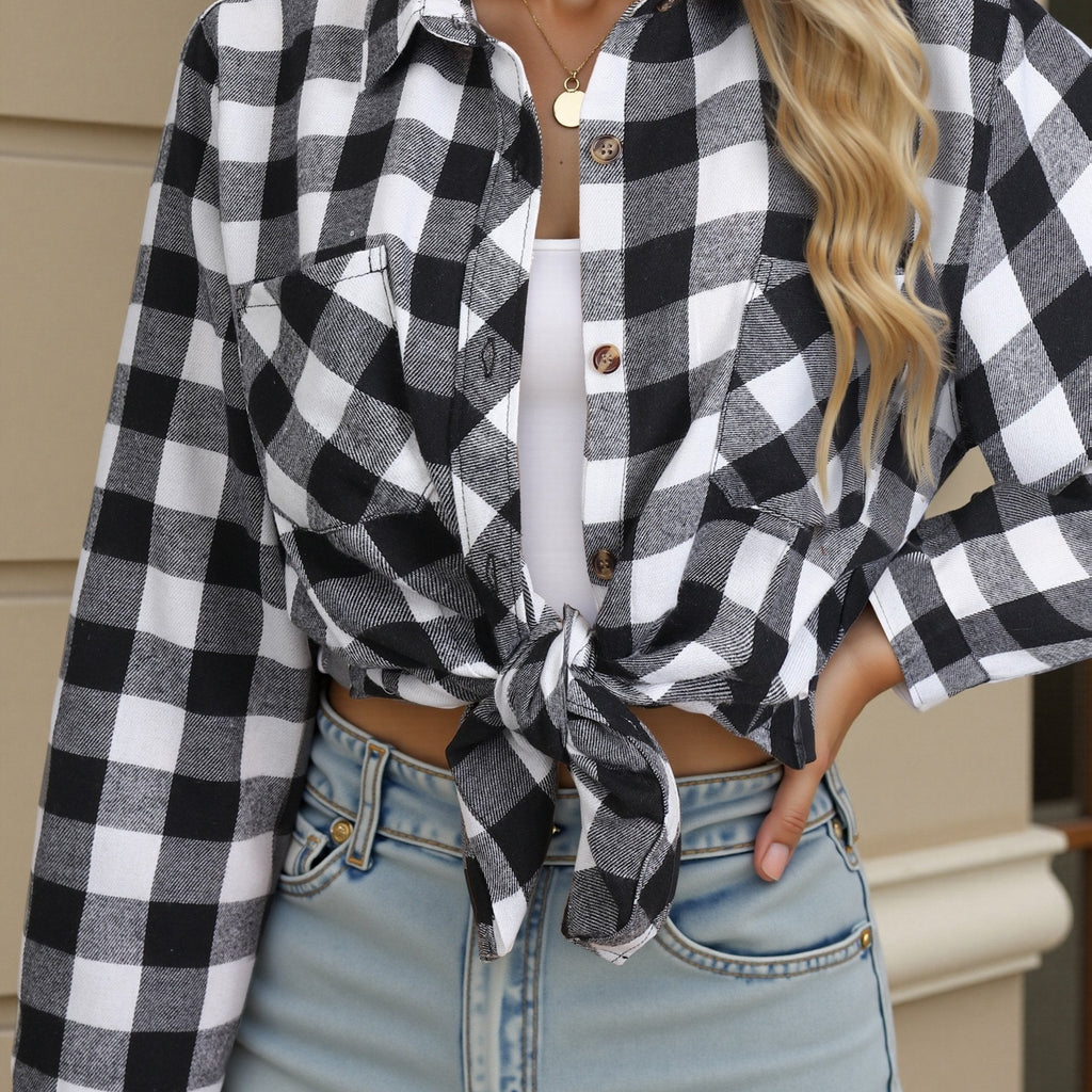 Flannel Shirt Red Navy Buffalo Check Women's Long Sleeve Button-Up – Casual, Autumn Layering, Gift