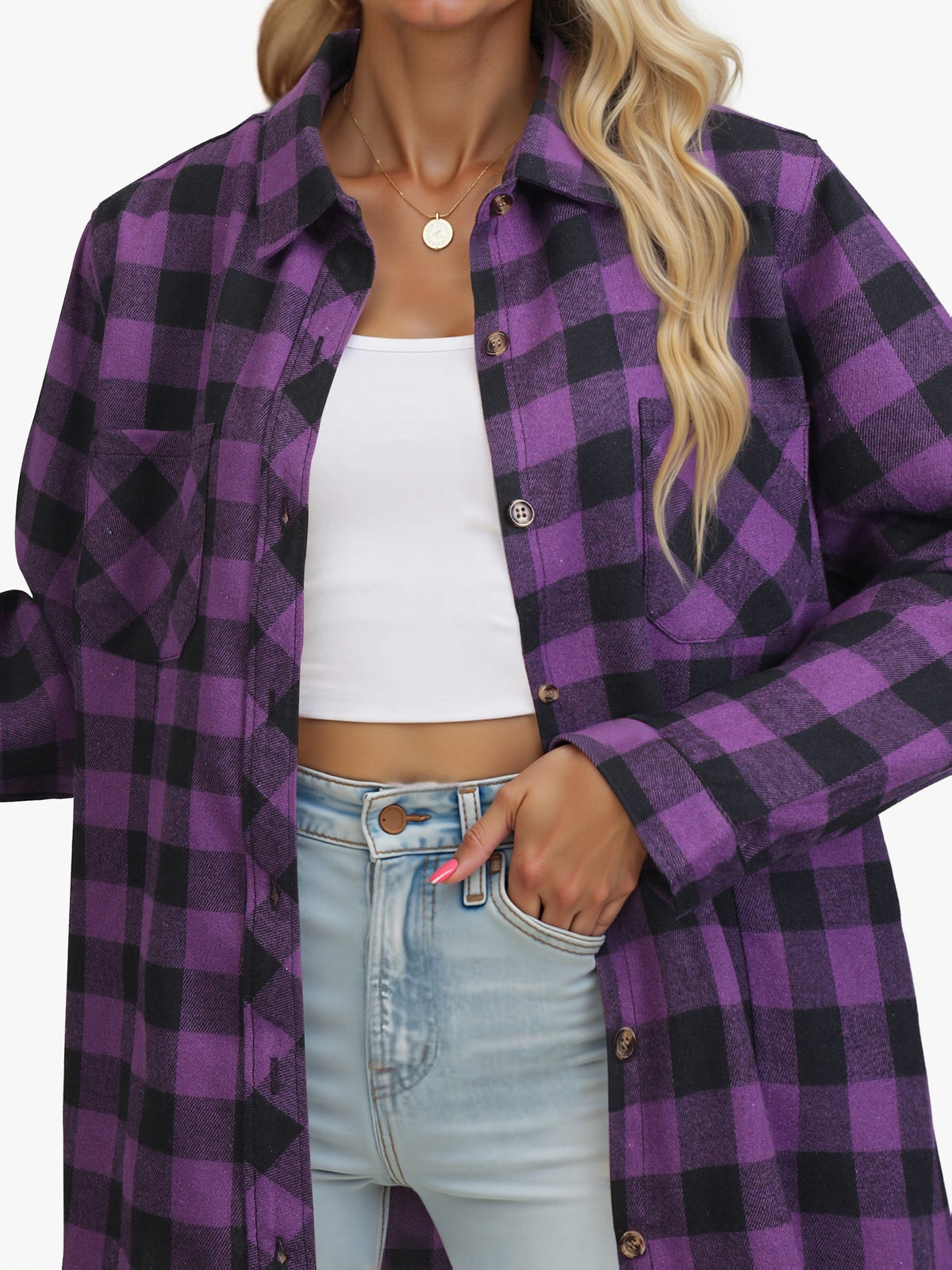 Flannel Shirt Red Navy Buffalo Check Women's Long Sleeve Button-Up – Casual, Autumn Layering, Gift