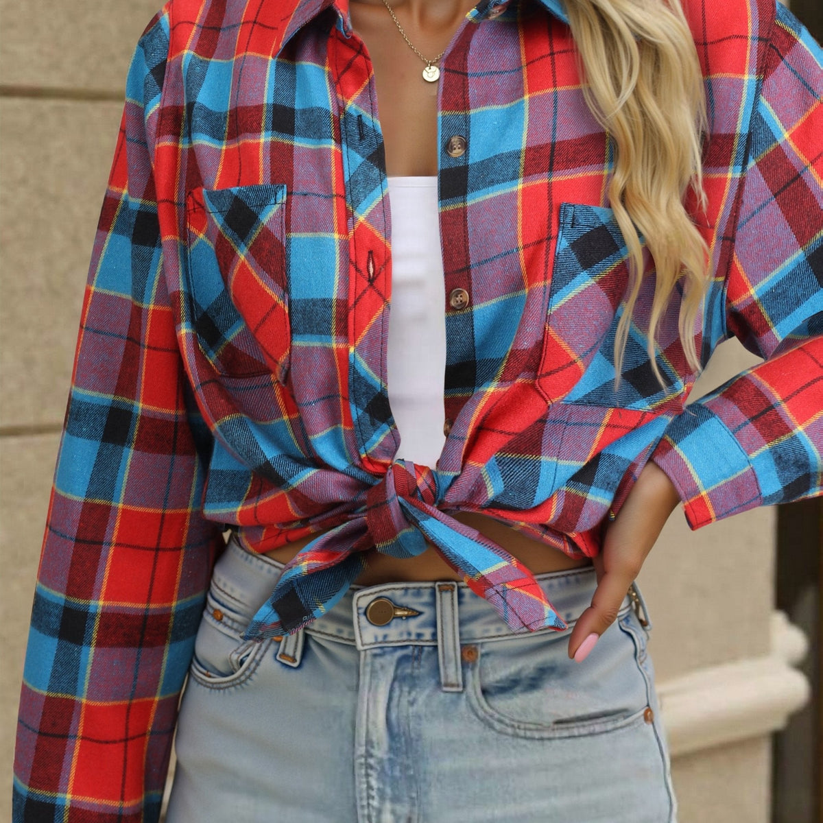Flannel Shirt Red Navy Buffalo Check Women's Long Sleeve Button-Up – Casual, Autumn Layering, Gift