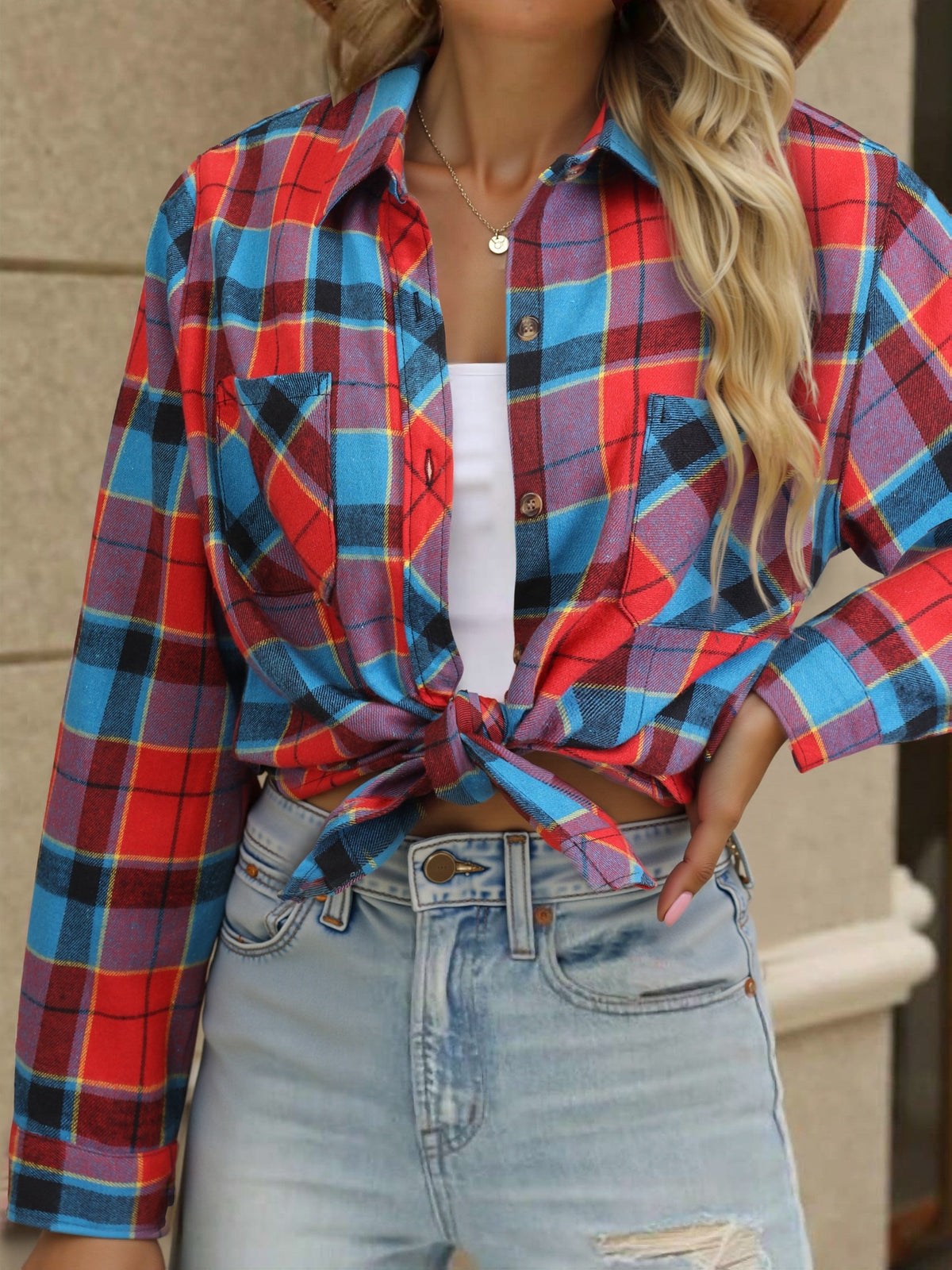 Flannel Shirt Red Navy Buffalo Check Women's Long Sleeve Button-Up – Casual, Autumn Layering, Gift