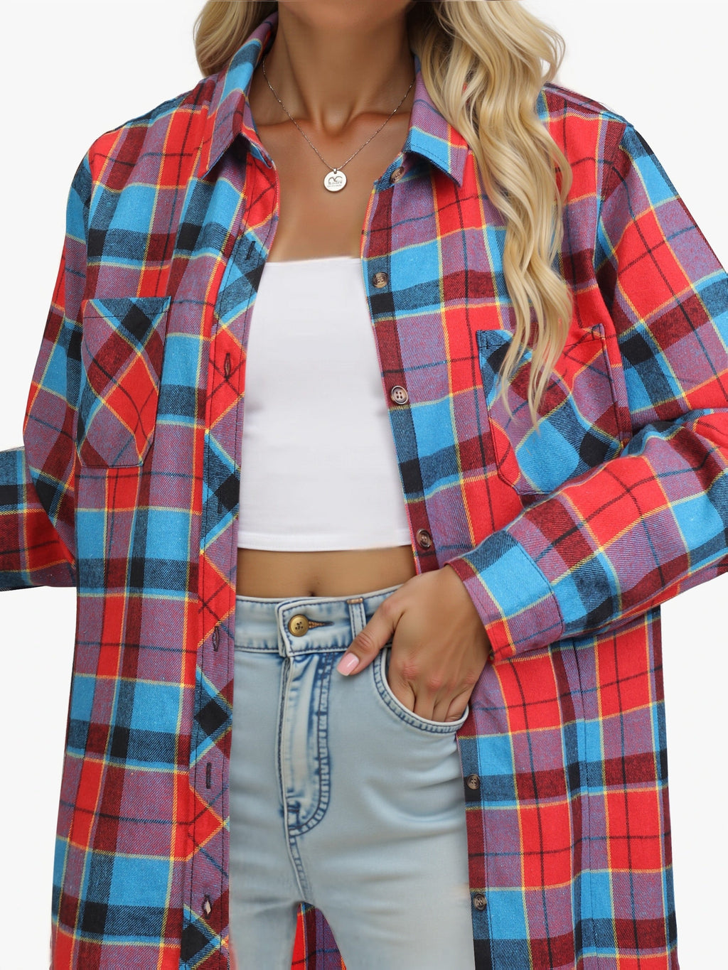 Flannel Shirt Red Navy Buffalo Check Women's Long Sleeve Button-Up – Casual, Autumn Layering, Gift