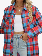 Flannel Shirt Red Navy Buffalo Check Women's Long Sleeve Button-Up – Casual, Autumn Layering, Gift