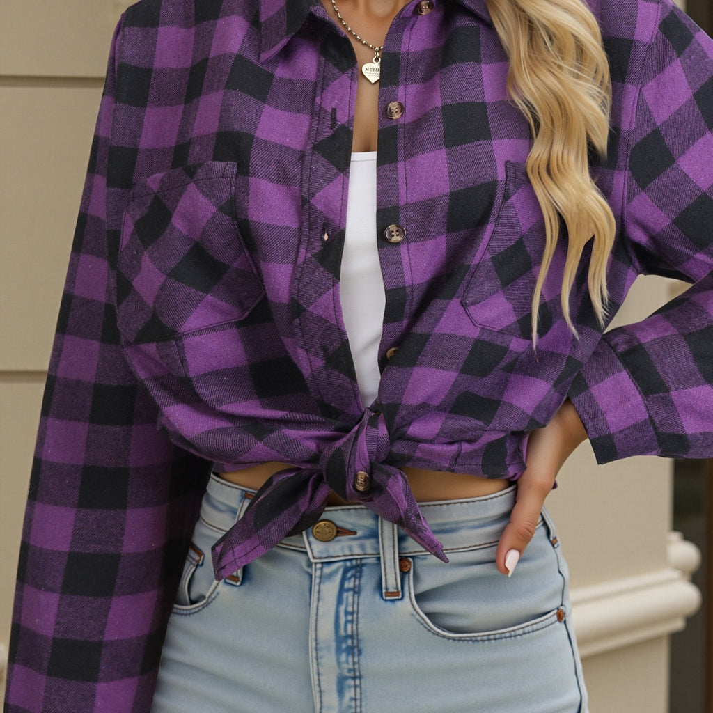 Flannel Shirt Red Navy Buffalo Check Women's Long Sleeve Button-Up – Casual, Autumn Layering, Gift