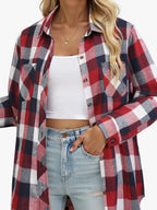 Flannel Shirt Red Navy Buffalo Check Women's Long Sleeve Button-Up – Casual, Autumn Layering, Gift