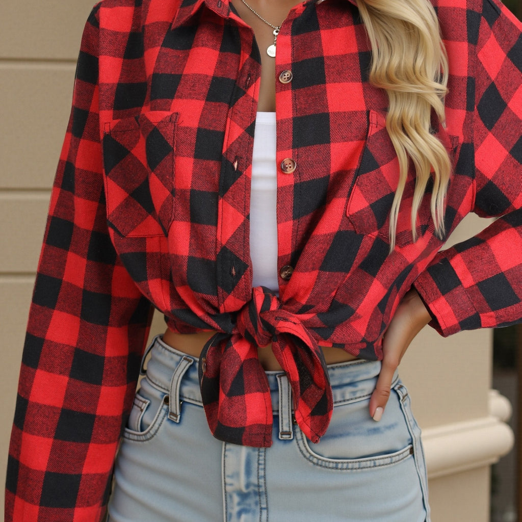 Flannel Shirt Red Navy Buffalo Check Women's Long Sleeve Button-Up – Casual, Autumn Layering, Gift