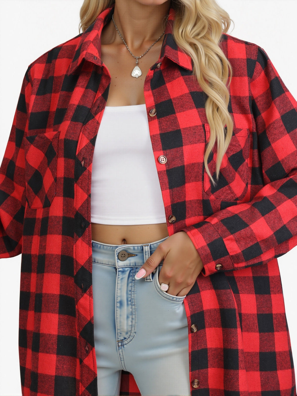Flannel Shirt Red Navy Buffalo Check Women's Long Sleeve Button-Up – Casual, Autumn Layering, Gift