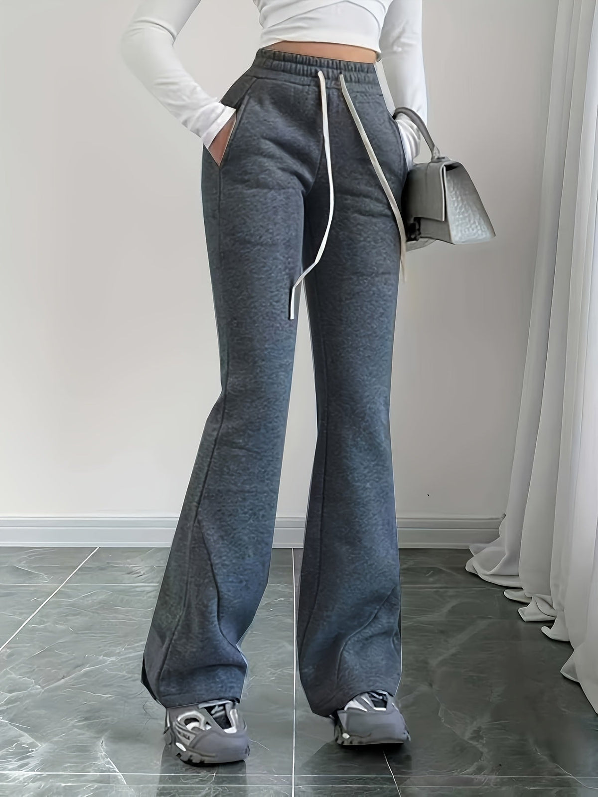 Flared Lounge Pants High-Waist Drawstring Women's Black – Casual, Office, Holiday, Gift