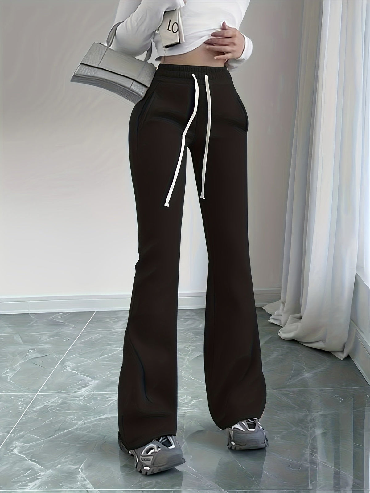 Flared Lounge Pants High-Waist Drawstring Women's Black – Casual, Office, Holiday, Gift