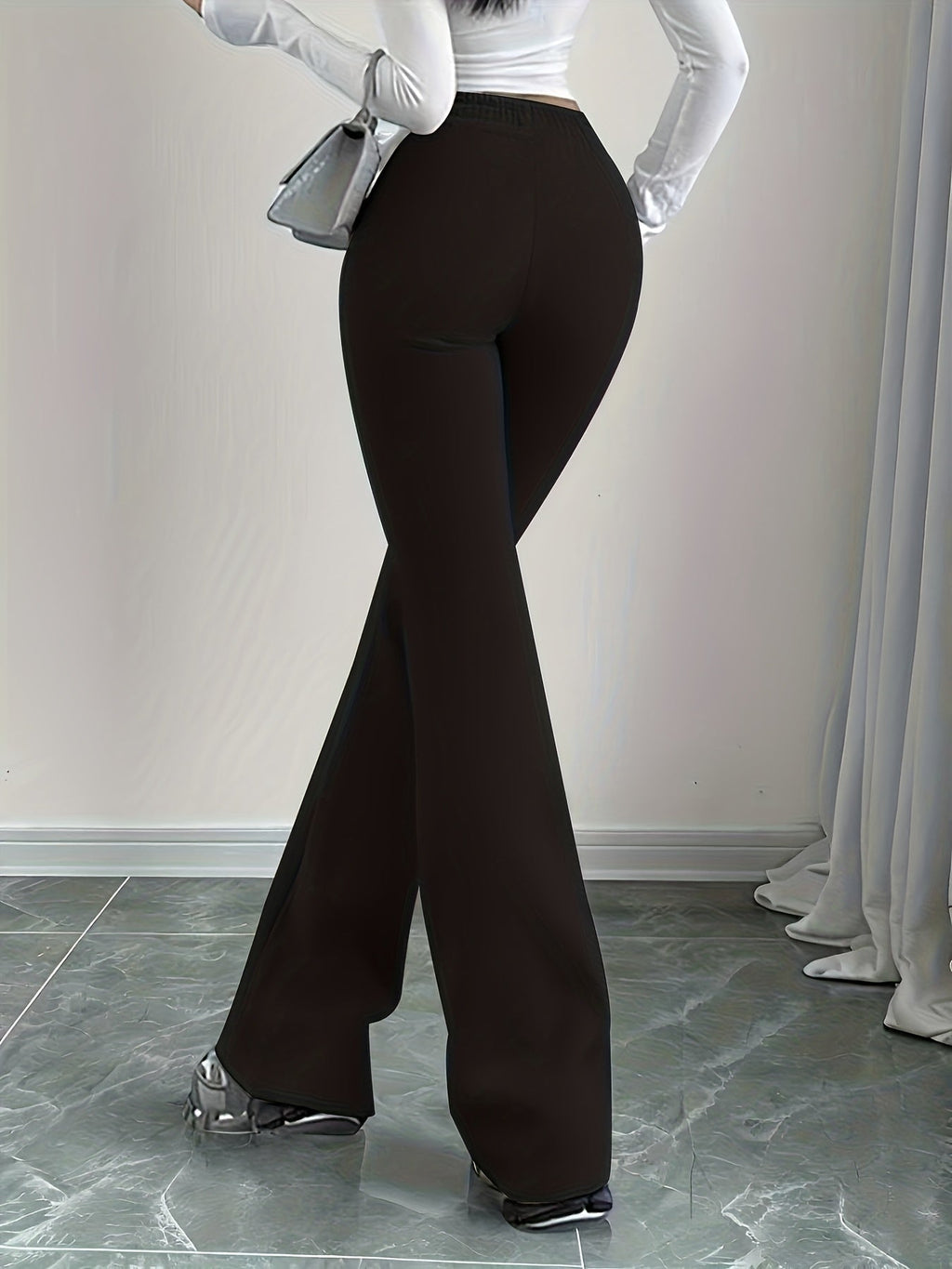 Flared Lounge Pants High-Waist Drawstring Women's Black – Casual, Office, Holiday, Gift
