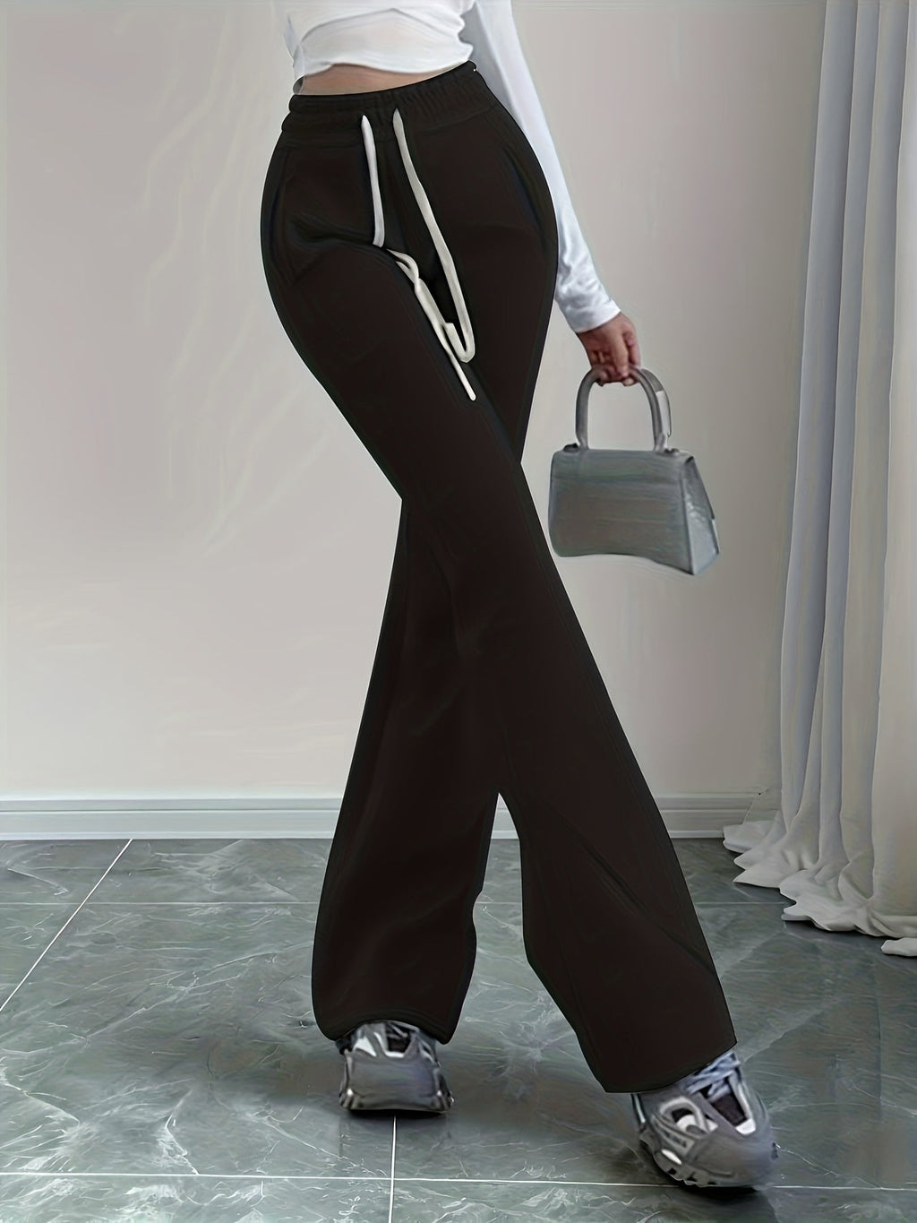 Flared Lounge Pants High-Waist Drawstring Women's Black – Casual, Office, Holiday, Gift