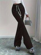 Flared Lounge Pants High-Waist Drawstring Women's Black – Casual, Office, Holiday, Gift