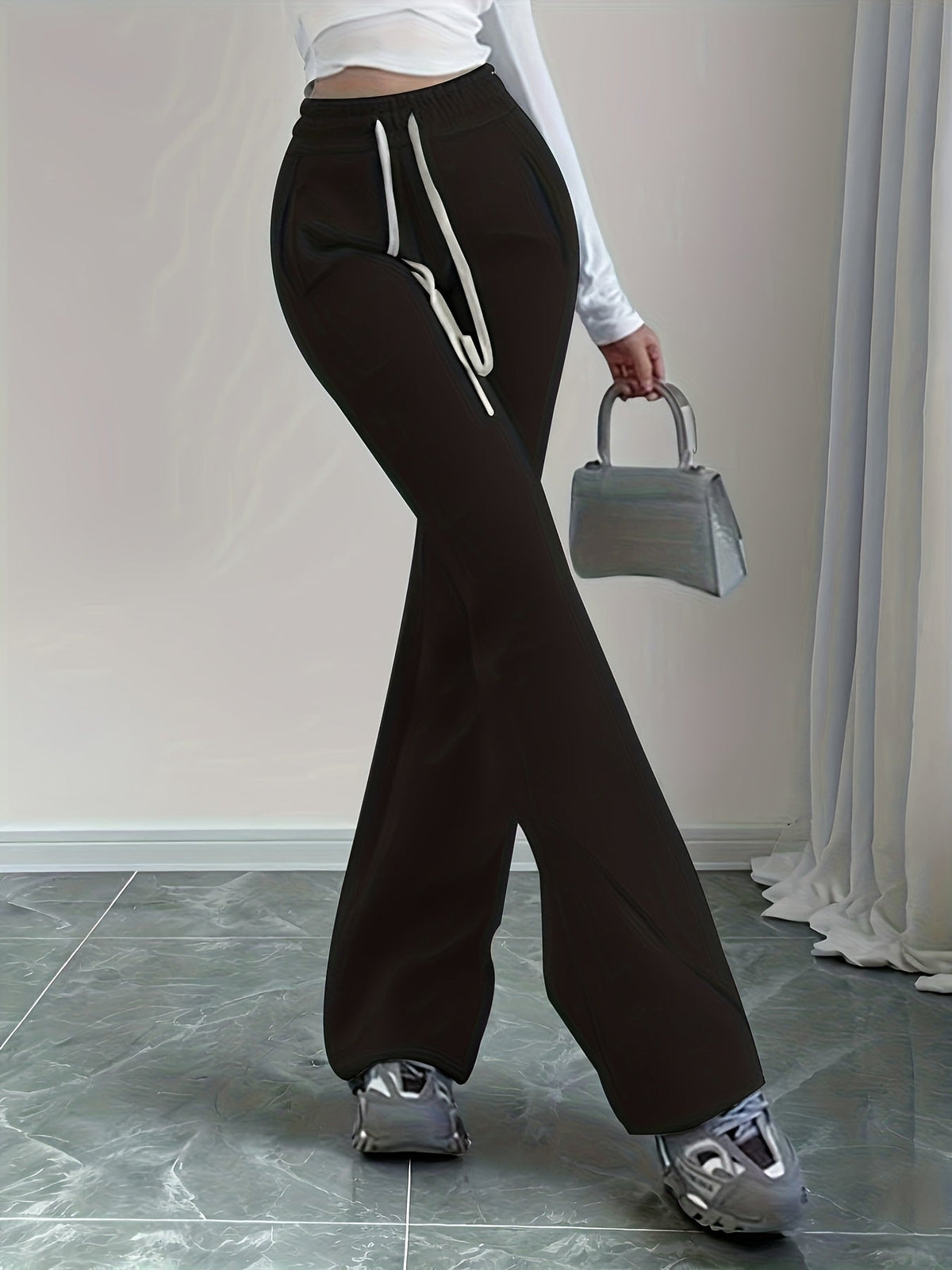Flared Lounge Pants High-Waist Drawstring Women's Black – Casual, Office, Holiday, Gift