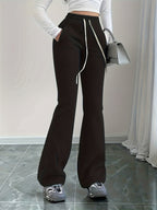 Flared Lounge Pants High-Waist Drawstring Women's Black – Casual, Office, Holiday, Gift