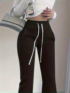 Flared Lounge Pants High-Waist Drawstring Women's Black – Casual, Office, Holiday, Gift