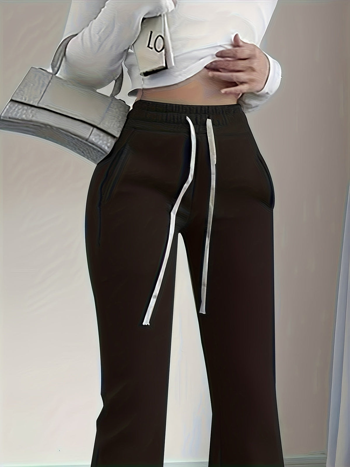 Flared Lounge Pants High-Waist Drawstring Women's Black – Casual, Office, Holiday, Gift