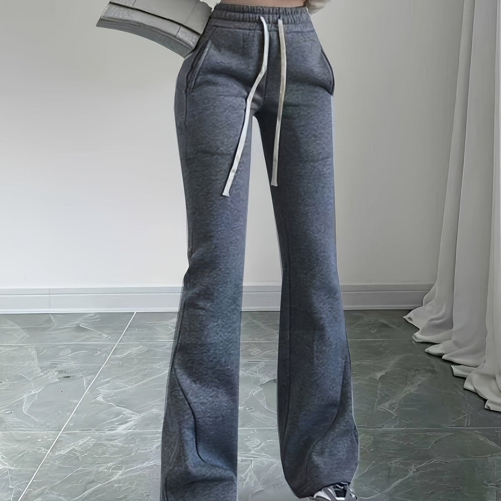 Flared Lounge Pants High-Waist Drawstring Women's Black – Casual, Office, Holiday, Gift