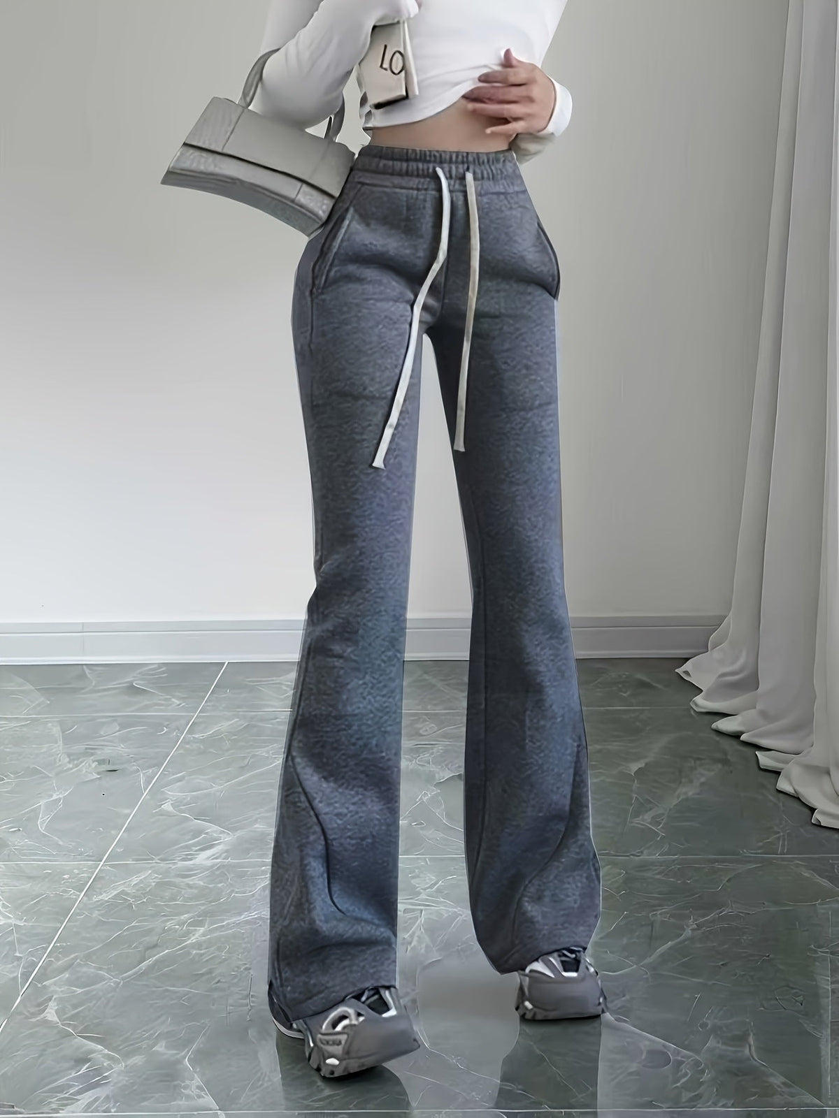 Flared Lounge Pants High-Waist Drawstring Women's Black – Casual, Office, Holiday, Gift