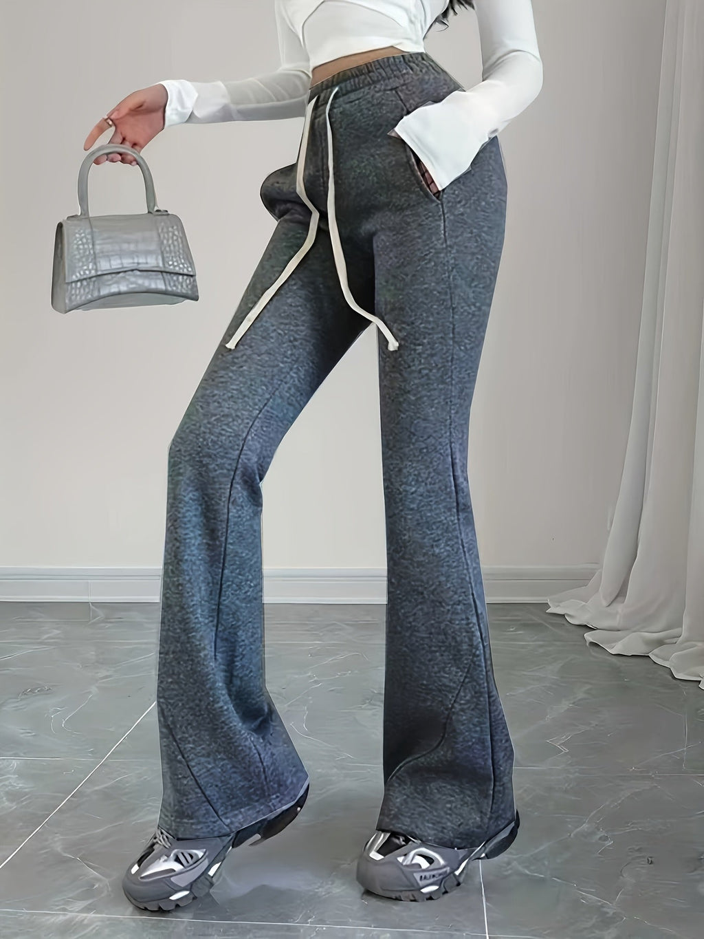 Flared Lounge Pants High-Waist Drawstring Women's Black – Casual, Office, Holiday, Gift