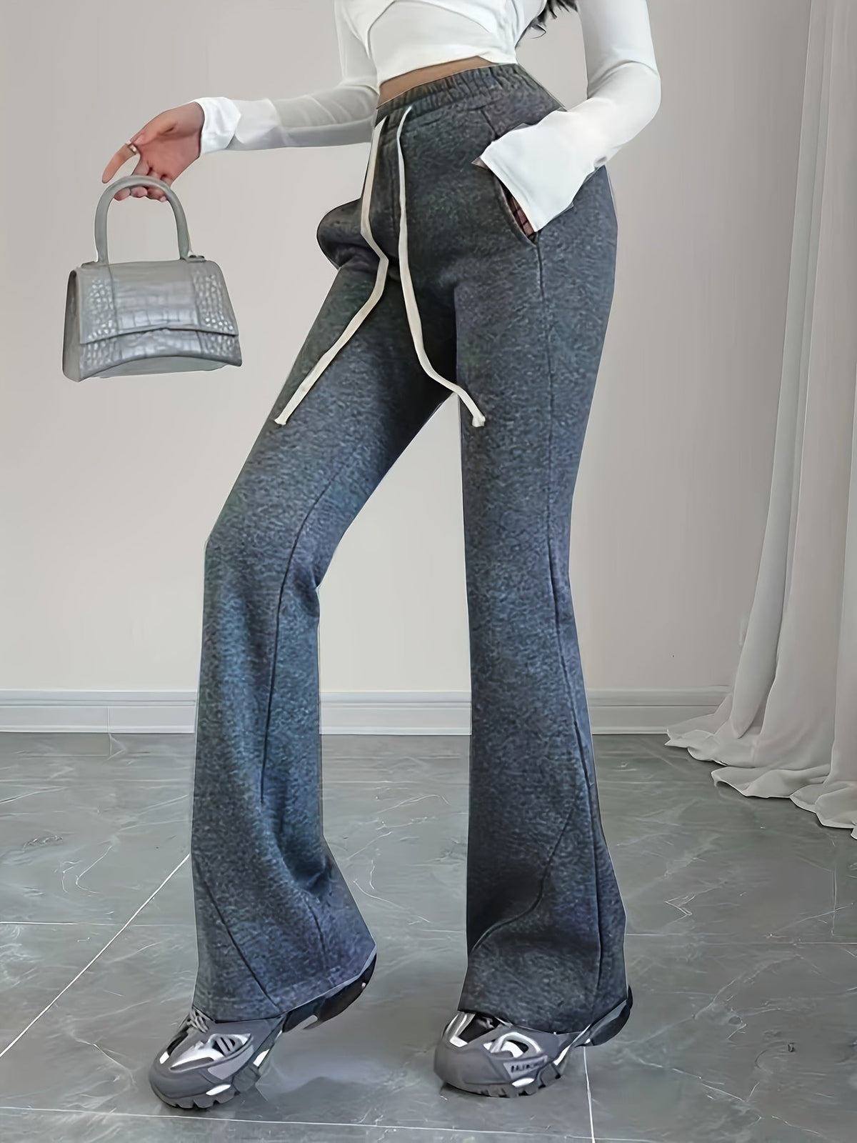 Flared Lounge Pants High-Waist Drawstring Women's Black – Casual, Office, Holiday, Gift