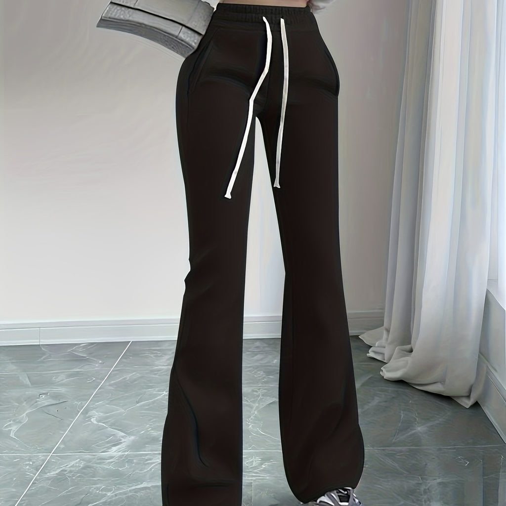 Flared Lounge Pants High-Waist Drawstring Women's Black – Casual, Office, Holiday, Gift