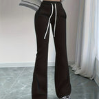 Flared Lounge Pants High-Waist Drawstring Women's Black – Casual, Office, Holiday, Gift