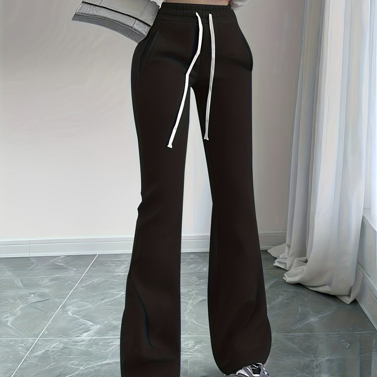 Flared Lounge Pants High-Waist Drawstring Women's Black – Casual, Office, Holiday, Gift