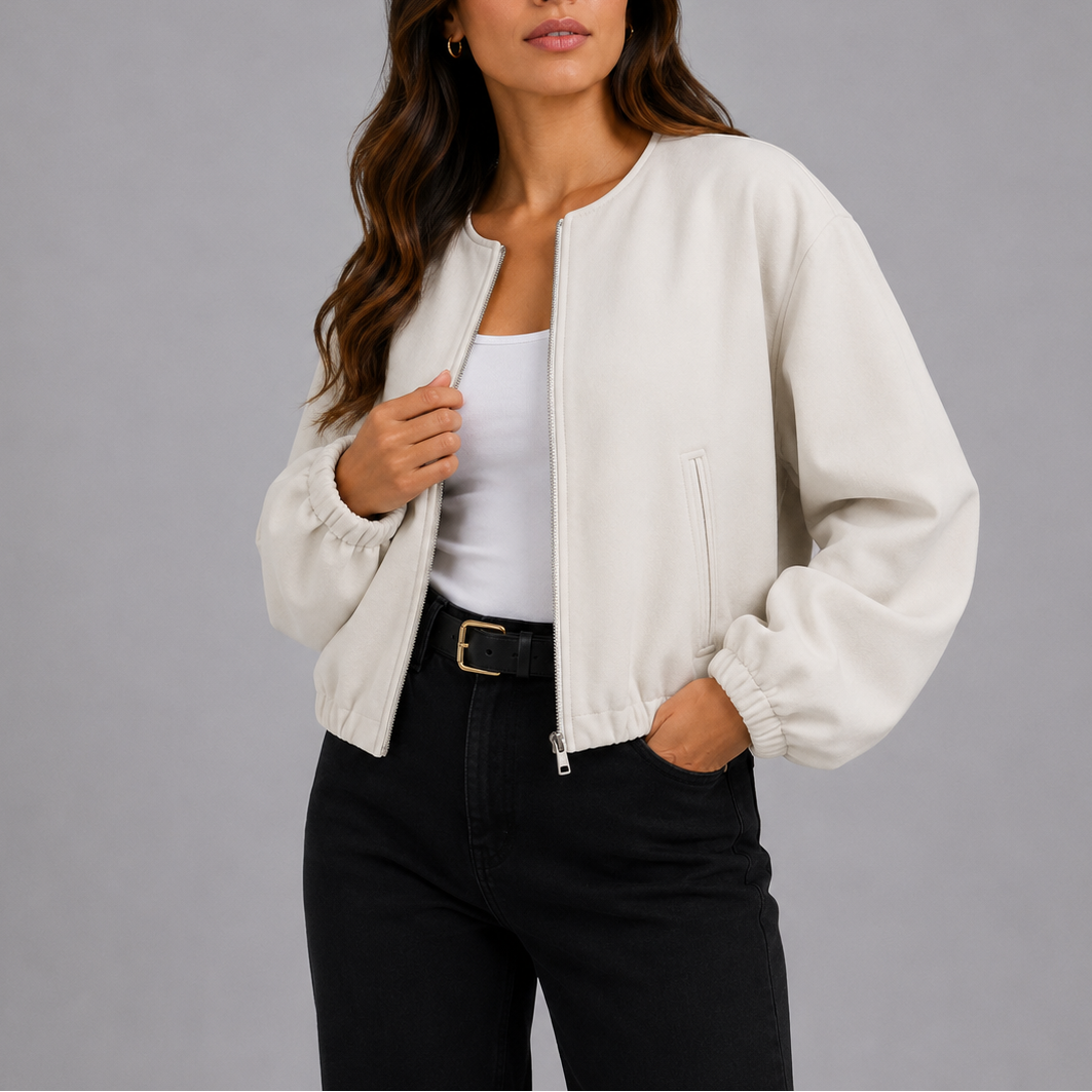 Fleece Bomber Jacket Grey Women's Zip-Up Cropped – Casual, Office, Holiday, Gift