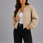 Fleece Bomber Jacket Grey Women's Zip-Up Cropped – Casual, Office, Holiday, Gift