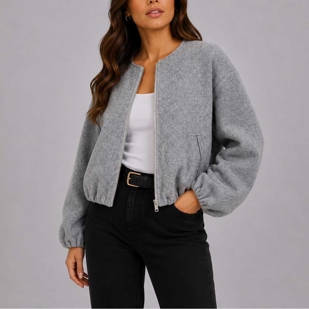 Fleece Bomber Jacket Grey Women's Zip-Up Cropped – Casual, Office, Holiday, Gift