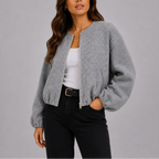 Fleece Bomber Jacket Grey Women's Zip-Up Cropped – Casual, Office, Holiday, Gift
