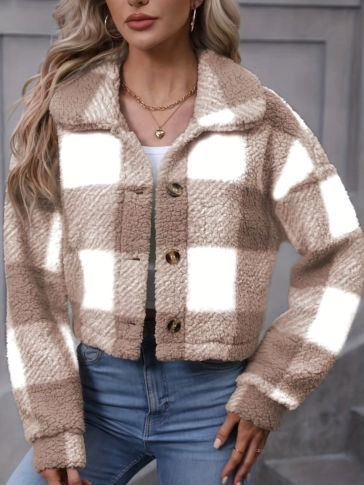 Fleece Cropped Jacket Plaid Green Women's Button-Up – Casual, Winter Warmth, Layering, Gift