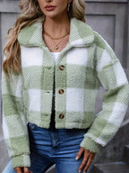 Fleece Cropped Jacket Plaid Green Women's Button-Up – Casual, Winter Warmth, Layering, Gift