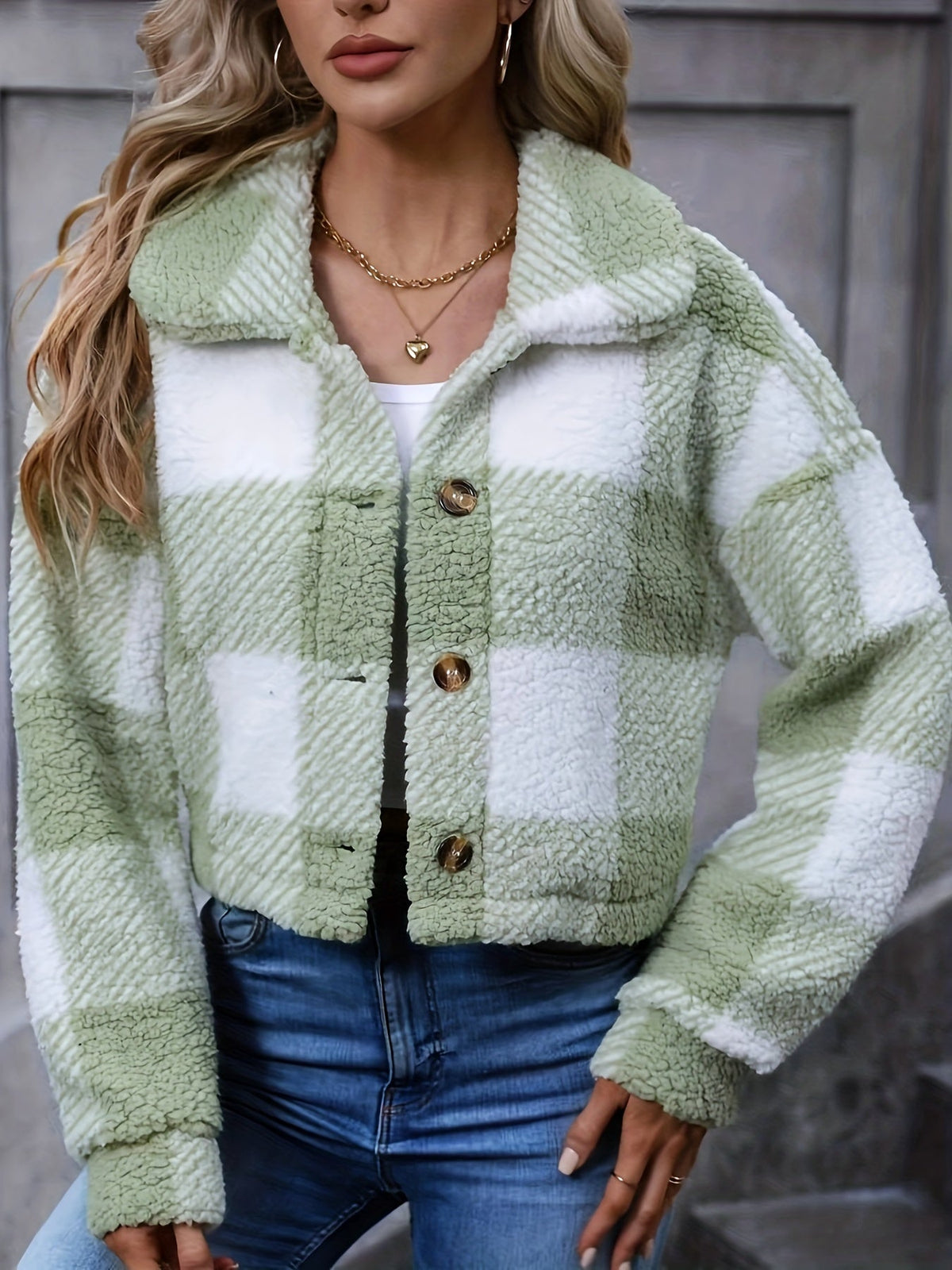 Fleece Cropped Jacket Plaid Green Women's Button-Up – Casual, Winter Warmth, Layering, Gift