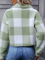 Fleece Cropped Jacket Plaid Green Women's Button-Up – Casual, Winter Warmth, Layering, Gift