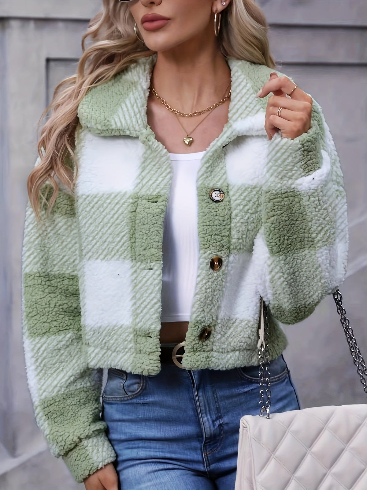Fleece Cropped Jacket Plaid Green Women's Button-Up – Casual, Winter Warmth, Layering, Gift