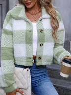 Fleece Cropped Jacket Plaid Green Women's Button-Up – Casual, Winter Warmth, Layering, Gift